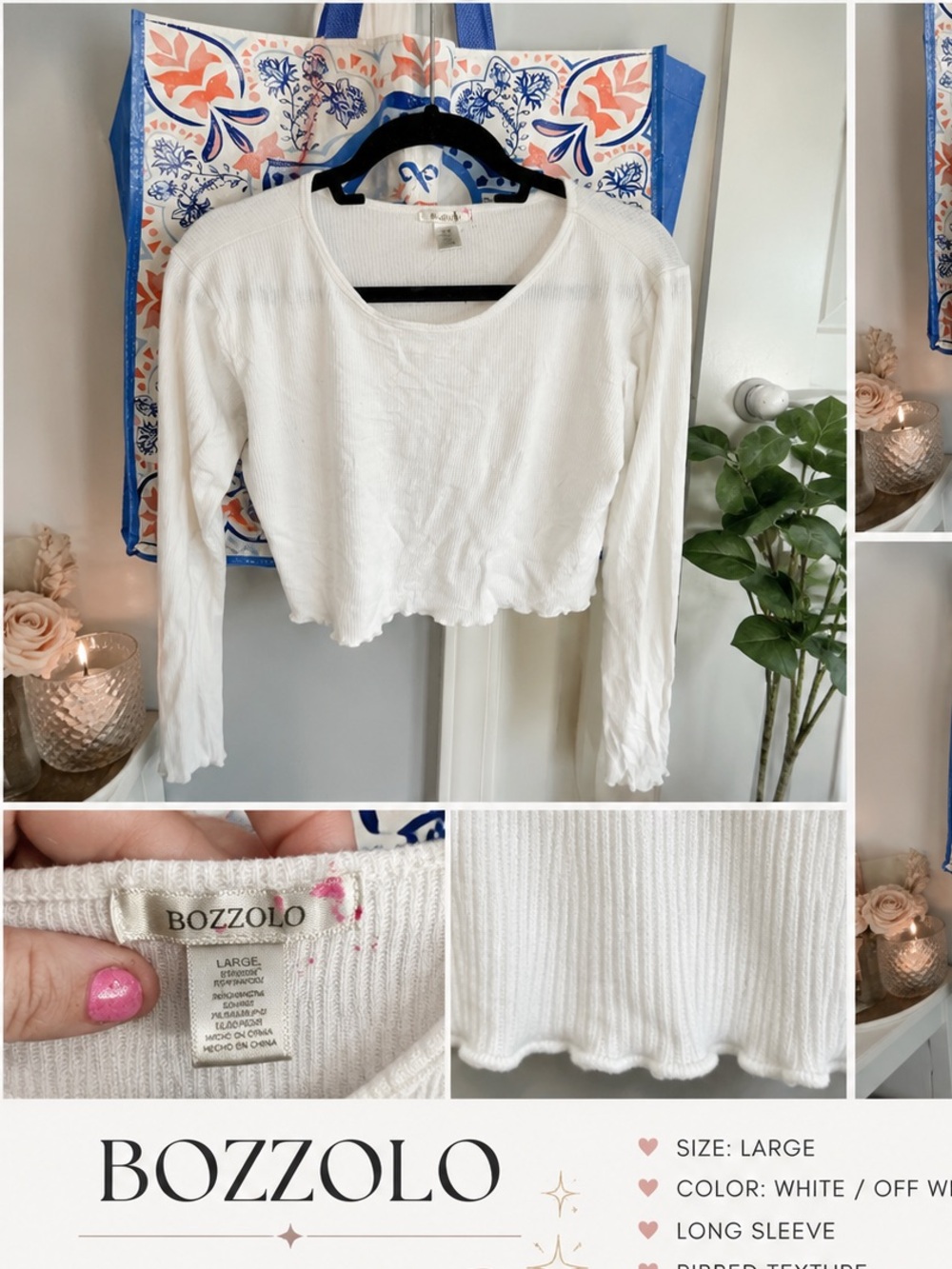 Bozzolo White Ribbed Lettuce-Edge Long Sleeve Crop Top